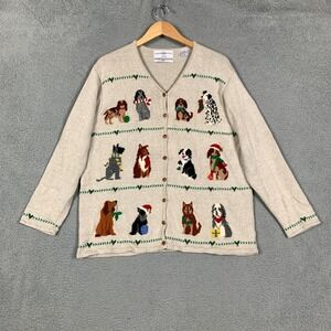 Marisa Christina Cardigan Plus 2X Tan‎ Christmas Collection 2001 Dog Print Linen